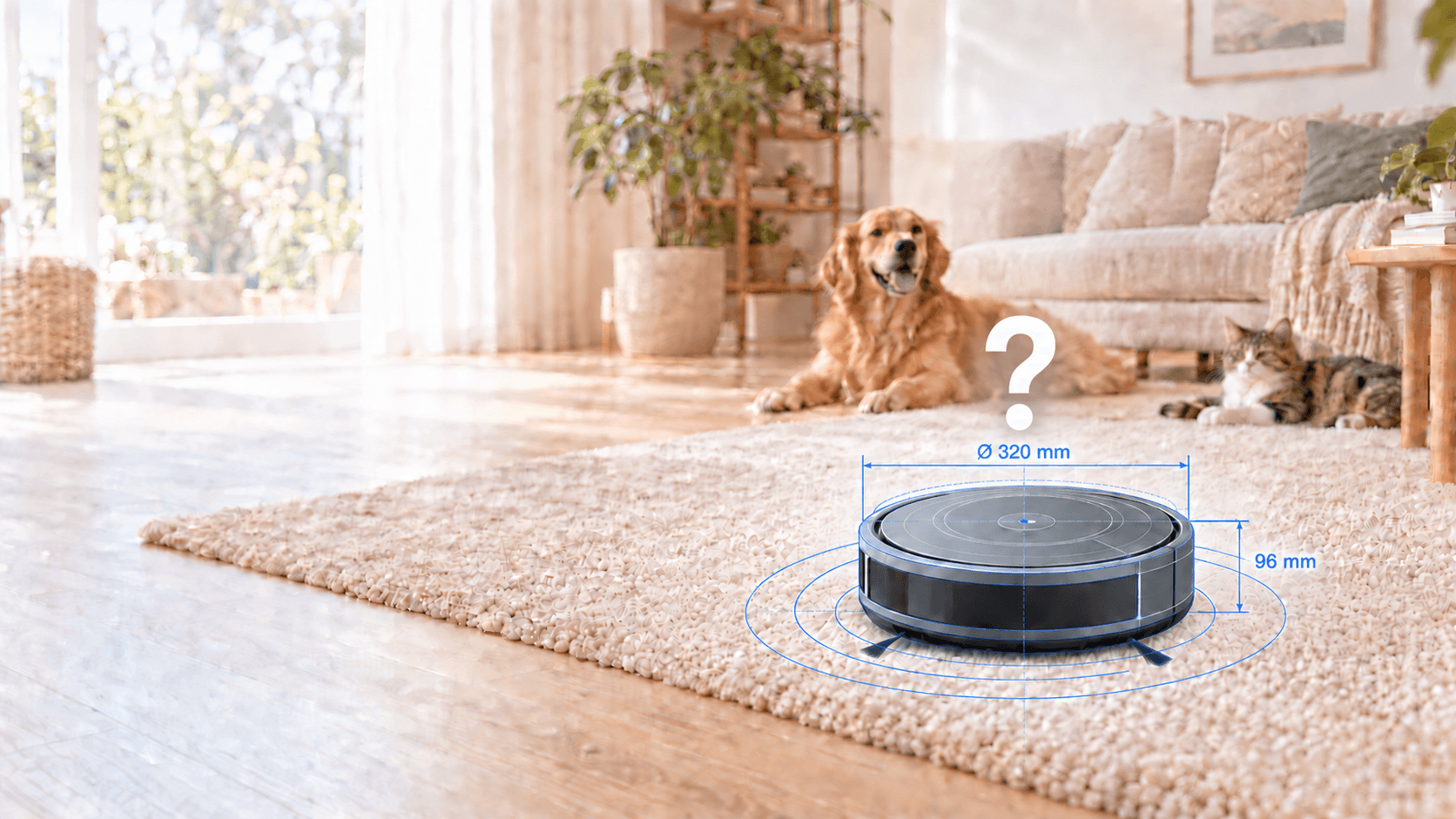 A generic robot vacuum drawn with precise blueprint lines in a warm living room with a dog and cat