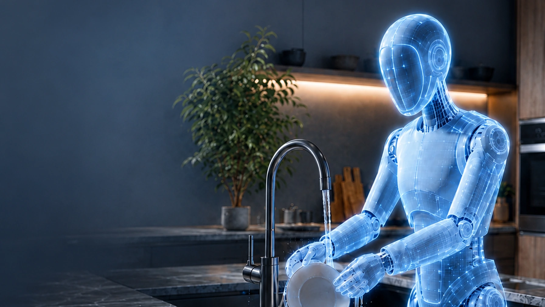 Illustrative blueprint-style humanoid robot working in a modern kitchen