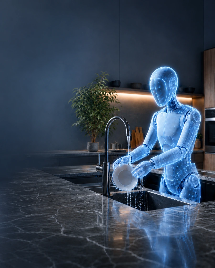 Illustrative blueprint-style humanoid robot working in a modern kitchen