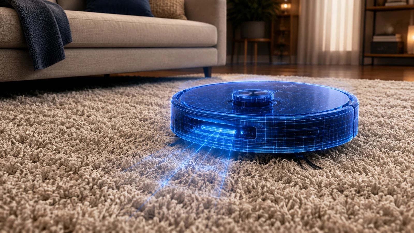 Blueprint-style robot vacuum cleaning a richly textured carpet
