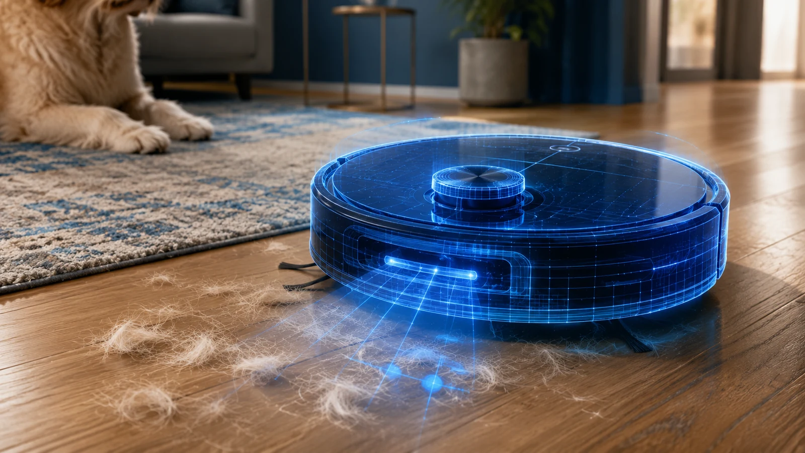 Blueprint-style robot vacuum scanning loose pet hair in a real home