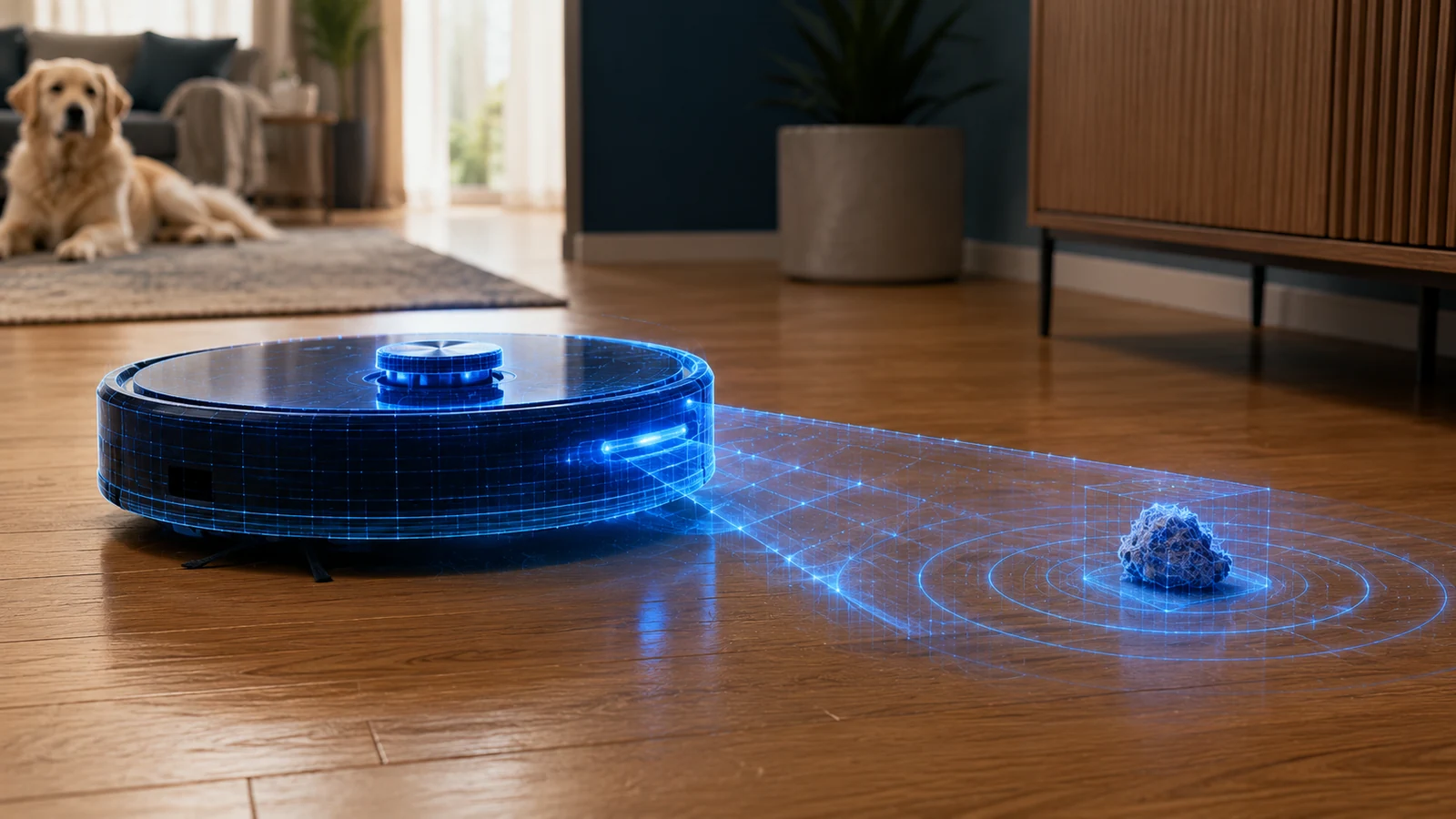 Blueprint-style robot vacuum detecting and avoiding a floor obstacle