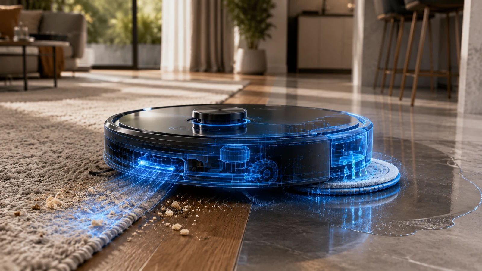 Blueprint-style robot vacuum illustrating vacuuming and mopping capability