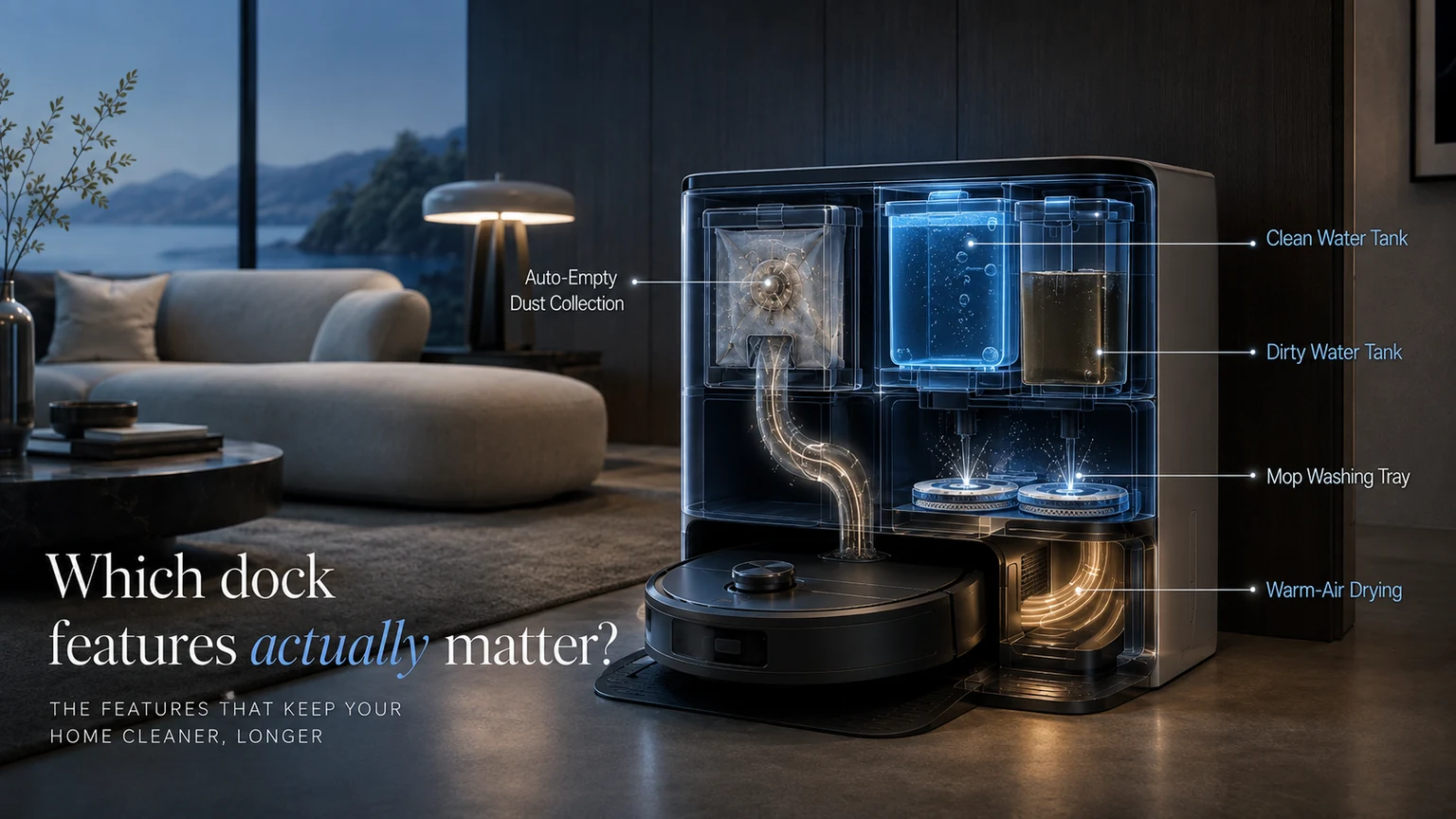 Cutaway blueprint-style robot vacuum dock showing dust collection, clean water, dirty water, mop washing and warm-air drying.