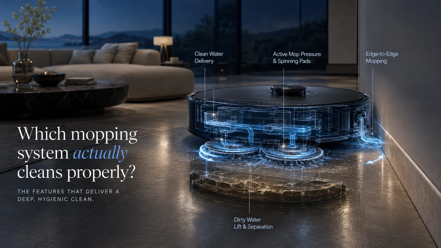 Blueprint cutaway of a robot vacuum mopping system showing water delivery, spinning pads and edge cleaning.