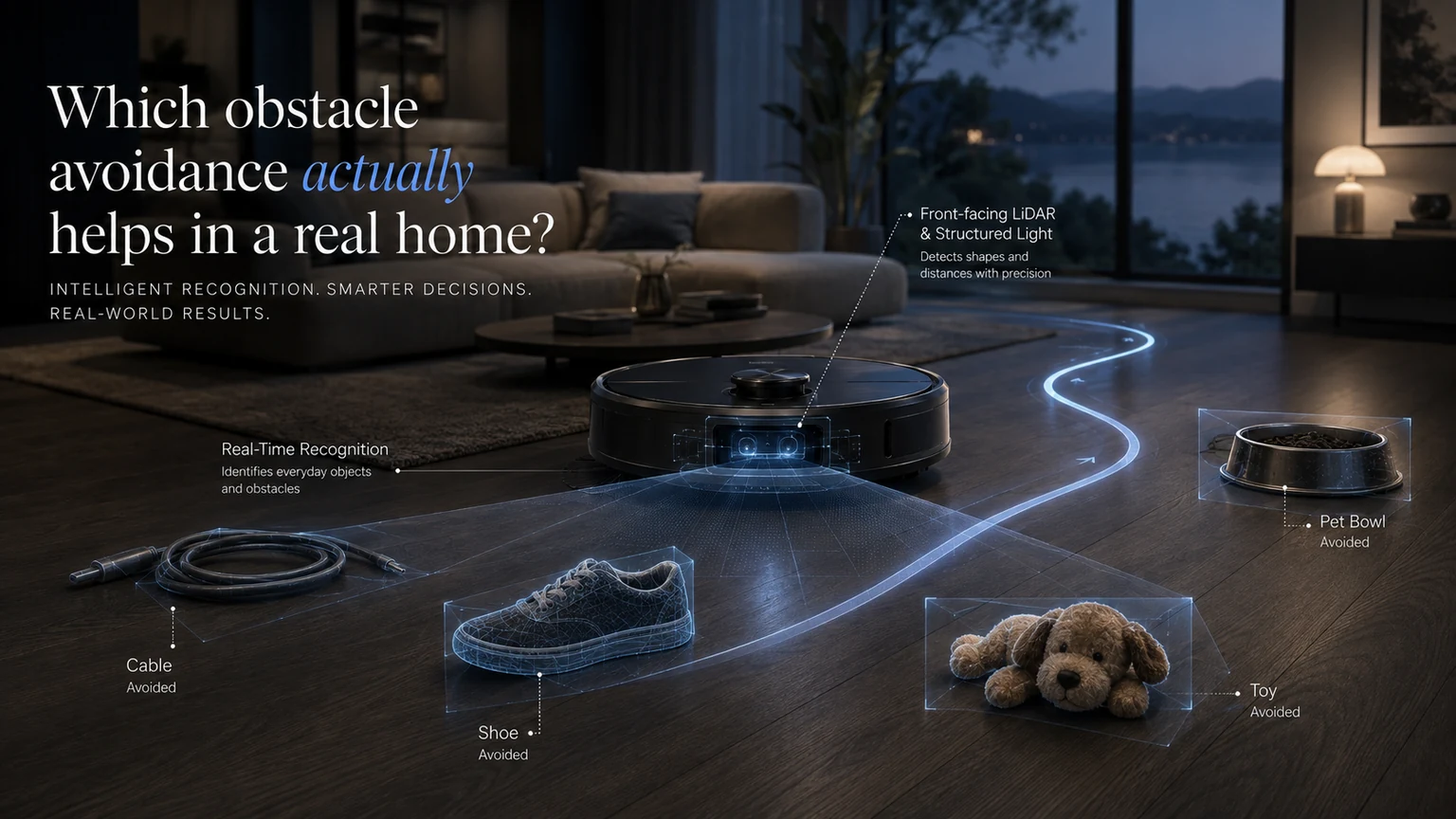 Robot vacuum in a lounge using blueprint-style sensing to identify a cable, shoe, toy and pet bowl.