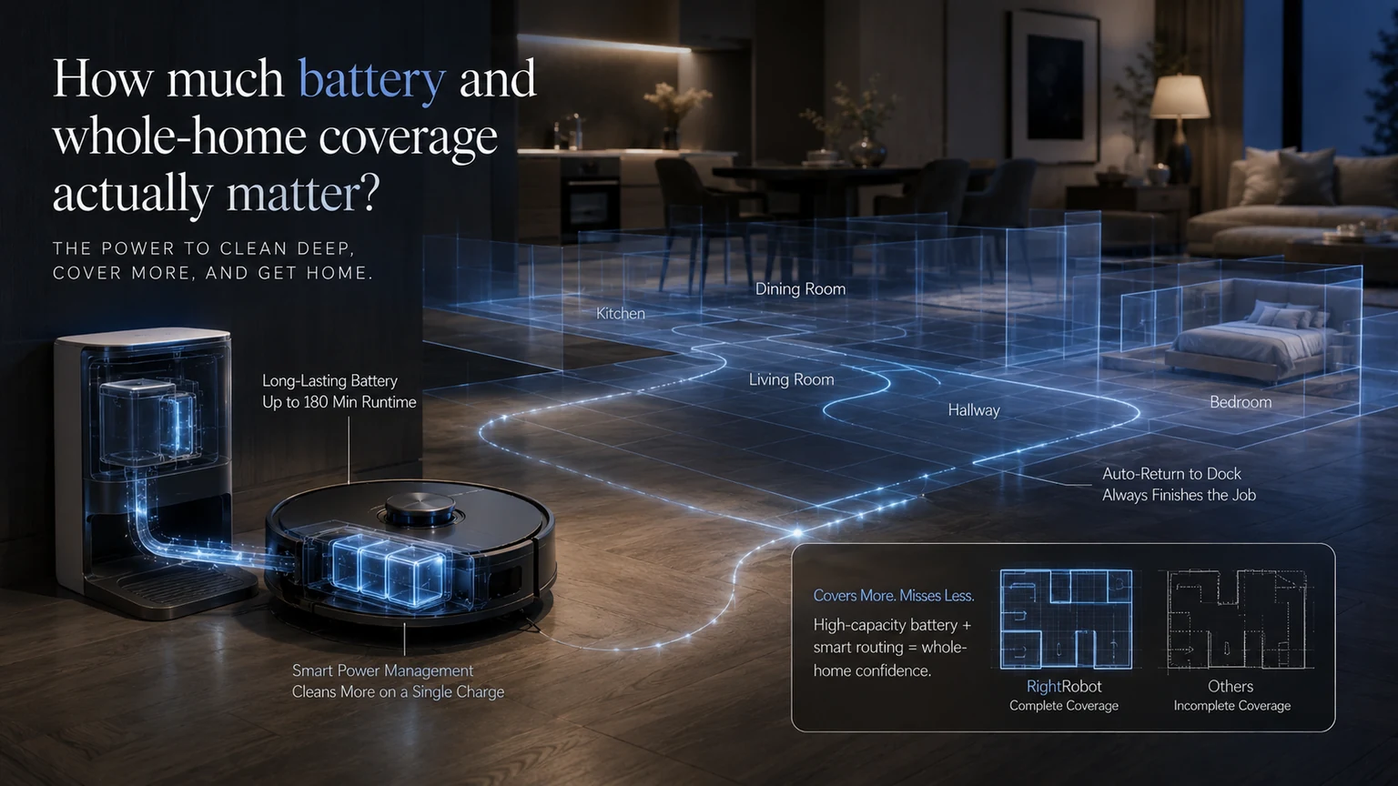 Blueprint-style whole-home mapping visual illustrating a robot vacuum managing multiple mapped areas from a home base.